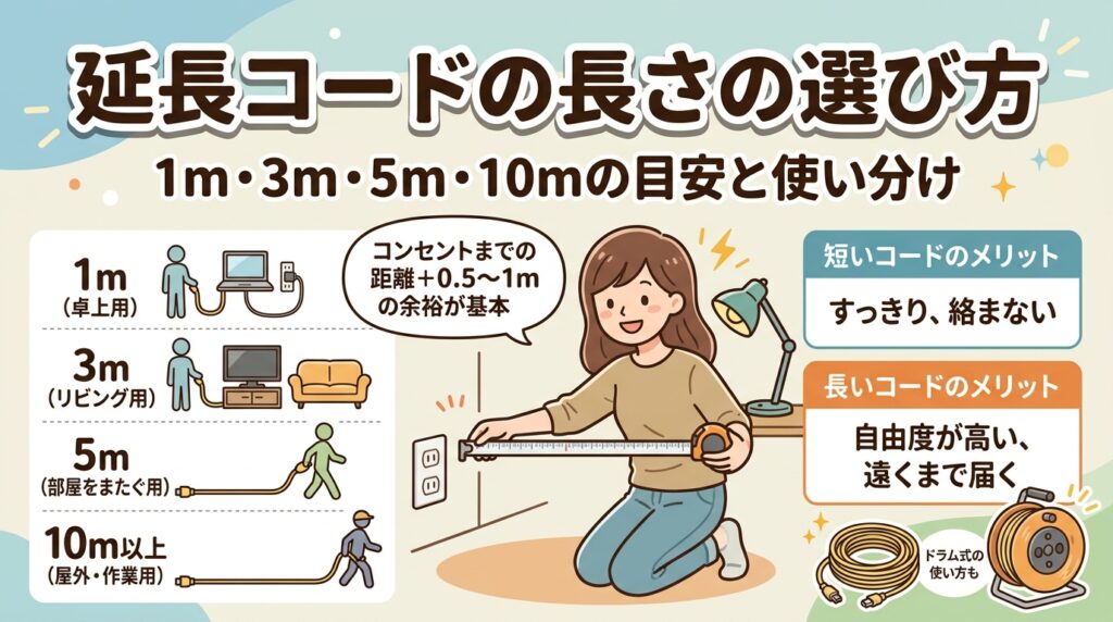 延長コードの長さの選び方｜1m・3m・5m・10mの目安と短い・長いの使い分け