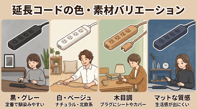 延長コードのおしゃれな色・素材のバリエーション(黒・白・ベージュ・木目調・グレー)を並べたイメージ