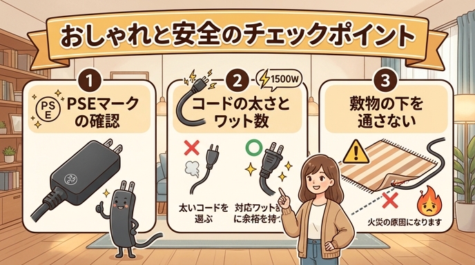 おしゃれな延長コードを選ぶときも確認すべきPSEマーク・対応ワット数・コードの太さのチェックポイントを示す図
