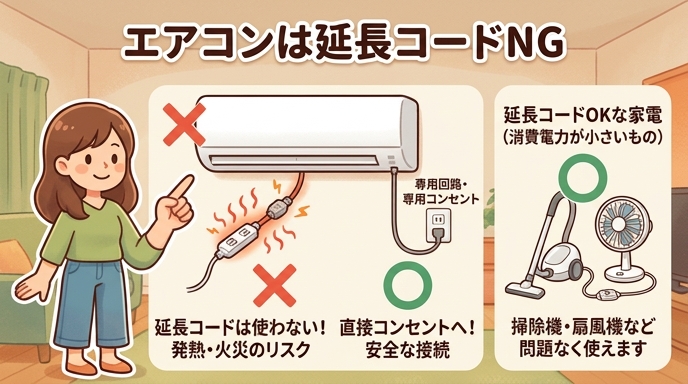 延長コードの使用が推奨されない家電(エアコン)と、基本的に問題ない家電(掃除機・扇風機など)を対比した図