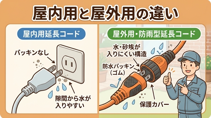 屋内用の延長コードと屋外用・防雨型の延長コードのプラグ・コネクタ部分の構造の違いを示す比較図