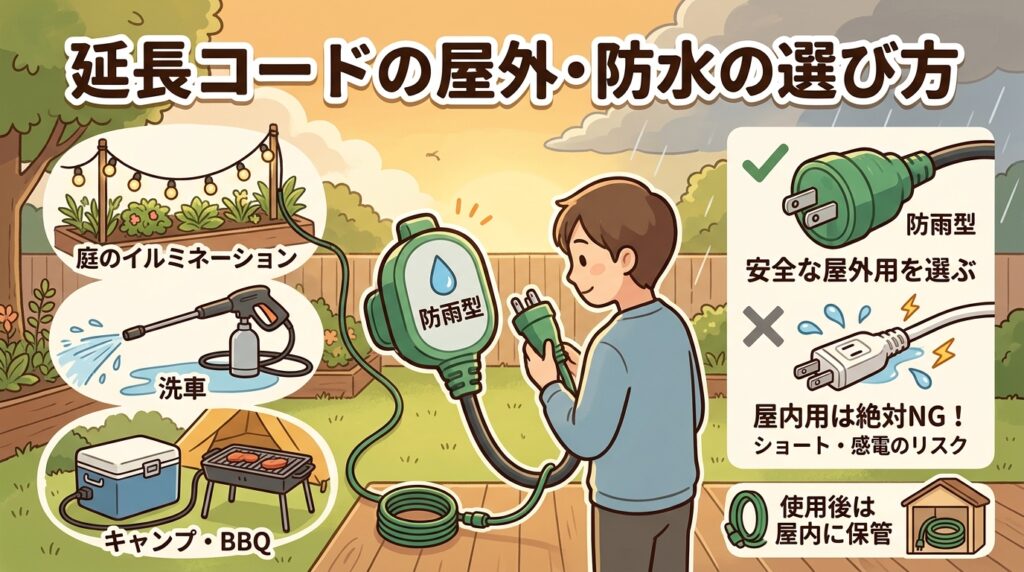 延長コードの屋外・防水タイプの選び方｜防雨型の見分け方と安全な使い方