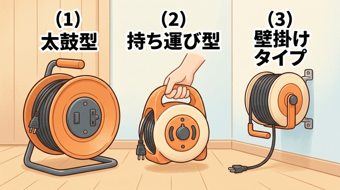 太鼓型・持ち運び型リール・壁掛けタイプのドラム式延長コードを比較する図