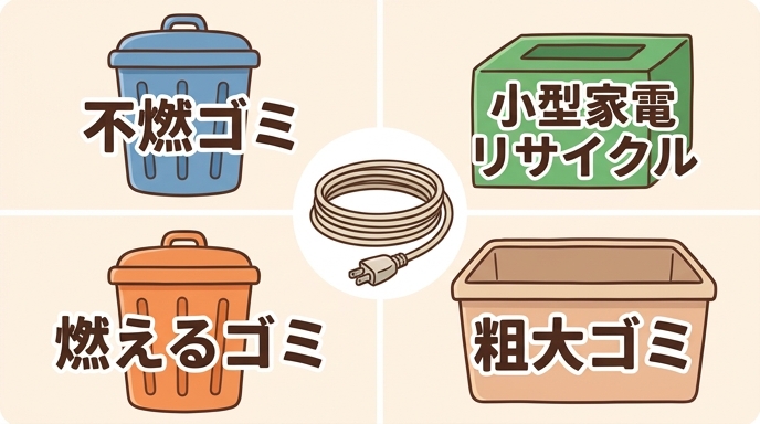 延長コードのゴミ分別（不燃ゴミ・小型家電リサイクル・粗大ゴミ）の目安を示す図