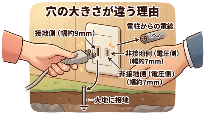 コンセントの左右の穴の大きさの違い（接地側9mmと非接地側7mm）と極性を示したイラスト