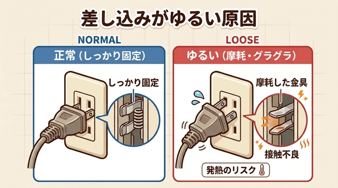 コンセントの差し込みがゆるい状態と正常な状態を比較し、内部のバネ状の金具が緩んでいる様子を示した断面イラスト