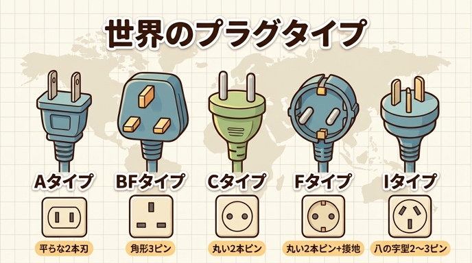 世界の主なプラグタイプ（Aタイプ・BFタイプ・Cタイプ・Fタイプ・Iタイプ）の形状の違いを並べたイラスト