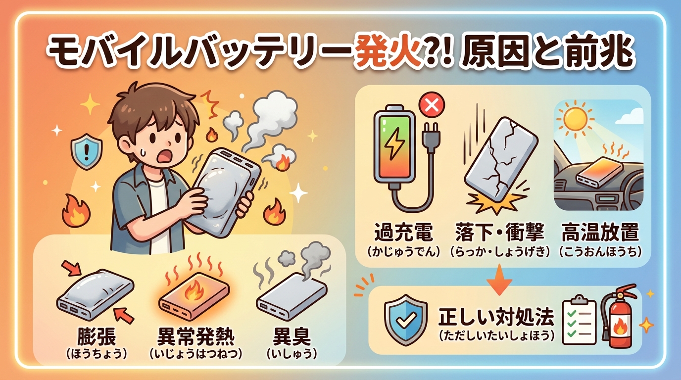 モバイルバッテリーの発火の原因と前兆サインを示したイラスト