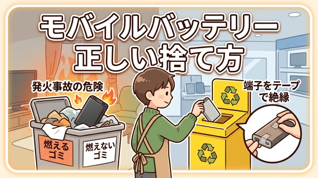 モバイルバッテリーを回収ボックスに入れて正しく捨てる様子を示したイラスト