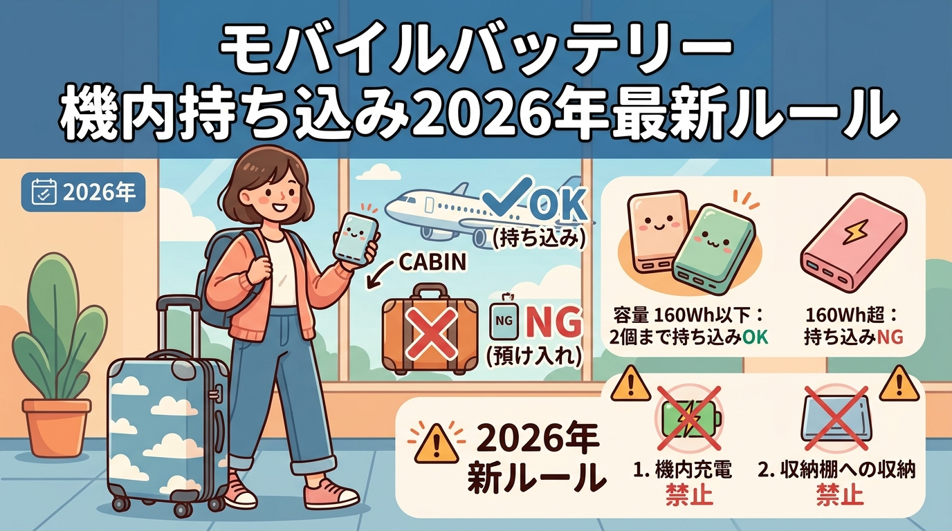 モバイルバッテリーの機内持ち込みルールを空港で説明するイラスト