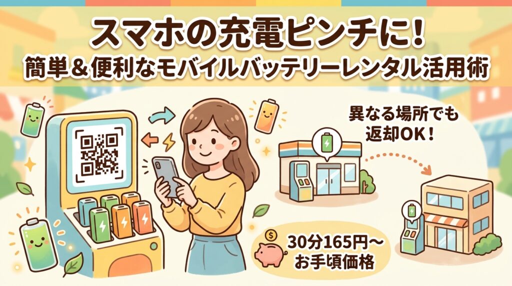 モバイルバッテリーのレンタルスタンドでQRコードを読み取って借りる様子のイラスト