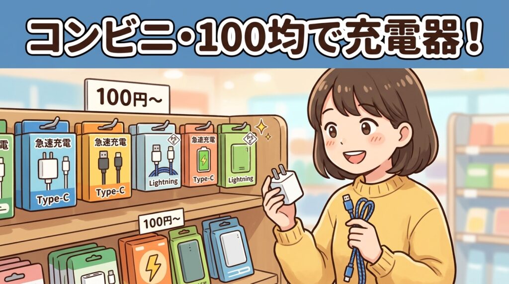 コンビニ・100均の陳列棚に並ぶ充電器を選ぶ様子のイラスト