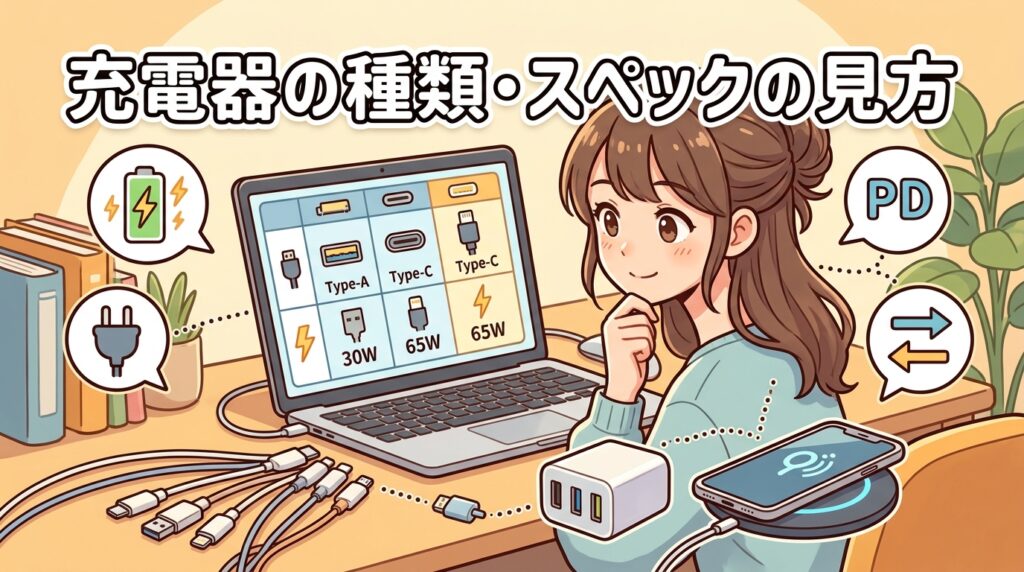 充電器のタイプ(Type-A/C・Lightning)とワット数・アンペア表示の見方を説明するイラスト