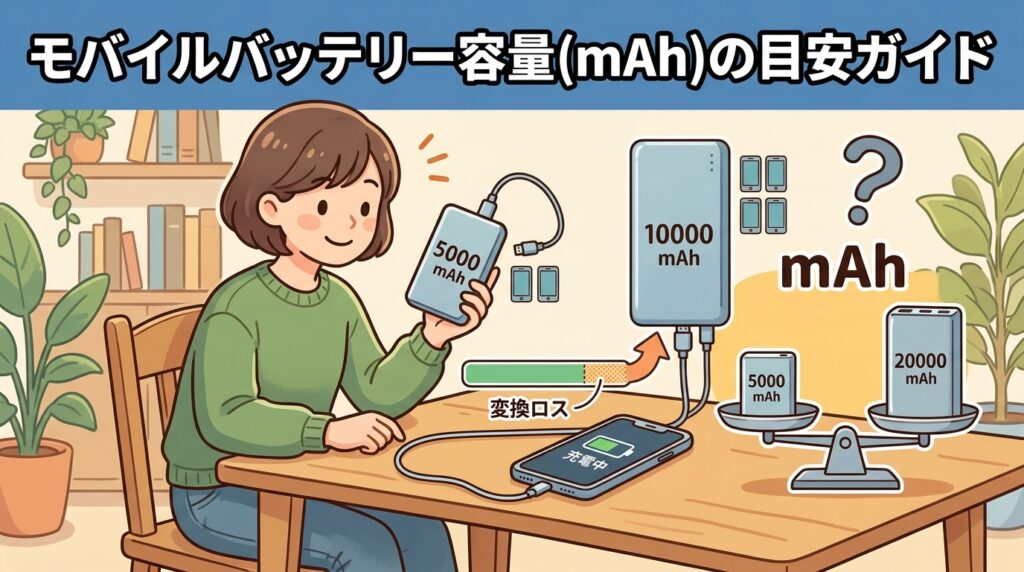 モバイルバッテリーの容量(mAh)とスマホの充電回数の関係を示すイラスト