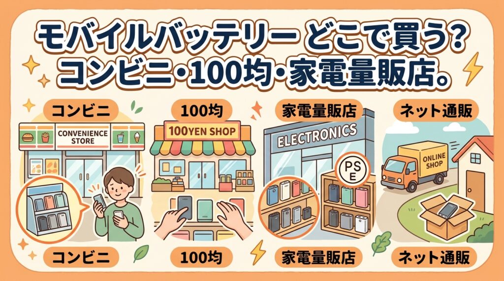 コンビニ・100均・家電量販店・ネット通販でモバイルバッテリーを購入する場所を比較したイラスト