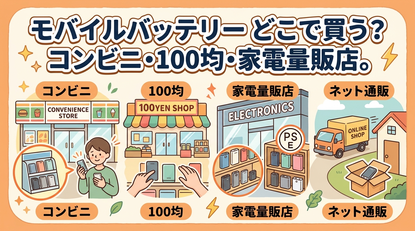 コンビニ・100均・家電量販店・ネット通販でモバイルバッテリーを購入する場所を比較したイラスト