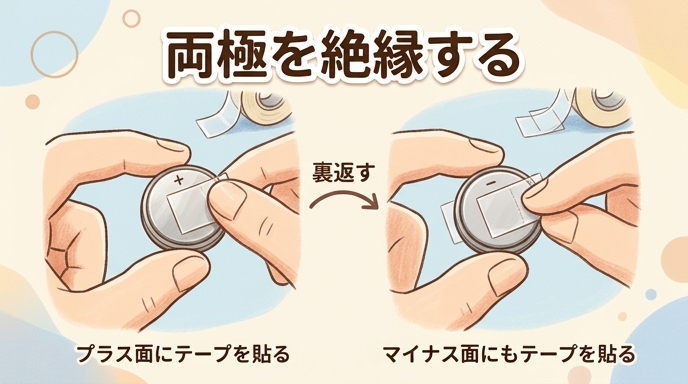 ボタン電池のプラス面とマイナス面の両方にテープを貼って絶縁する手順のイラスト