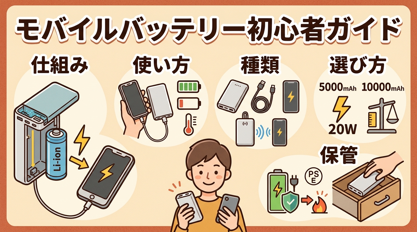 モバイルバッテリーとは？仕組み・使い方・選び方を初心者向けに解説するアイキャッチ画像
