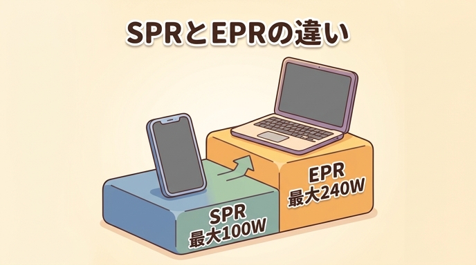 USB PDのSPR(5V・9V・15V・20Vで最大100W)とEPR(28V・36V・48Vで最大240W)の電圧と電力の範囲を段階的に示したイラスト
