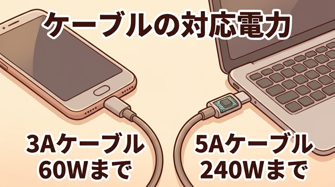 一般的な3AのUSB Type-Cケーブル(60Wまで)とe-marker内蔵の5Aケーブル(100W・240W)の違いを比較したイラスト