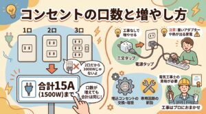 コンセントの口数(1口・2口・3口)の違いと、三又タップ・電源タップや工事で口数を増やす方法を表したイラスト