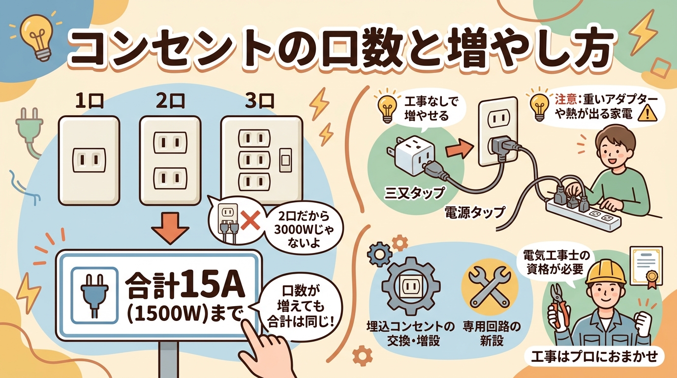 コンセントの口数(1口・2口・3口)の違いと、三又タップ・電源タップや工事で口数を増やす方法を表したイラスト
