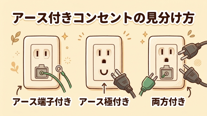 アース端子付き・アース極(3つ穴)付き・両方付きの3タイプのアース付きコンセントを並べて見分け方を示したイラスト