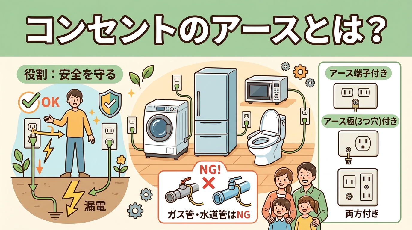 コンセントのアースとは？アース付きコンセントの見分け方・アース線の付け方と、アースがない場合の対処法のアイキャッチ画像