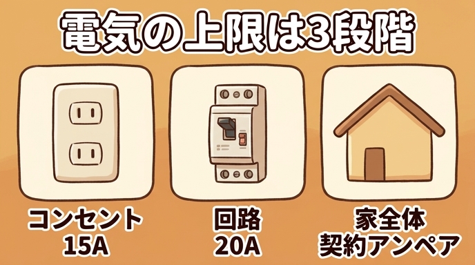 コンセント1か所15A・回路20A・家全体は契約アンペアという3つの上限を分電盤とコンセントで示したイラスト
