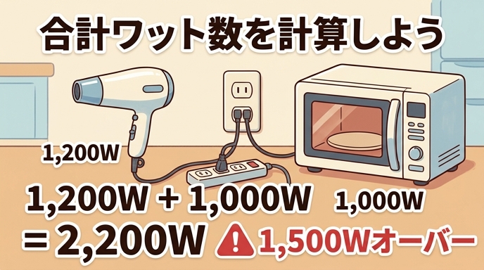 ドライヤーと電子レンジを同じコンセントで使うと合計が1,500Wを超えることを計算で示したイラスト