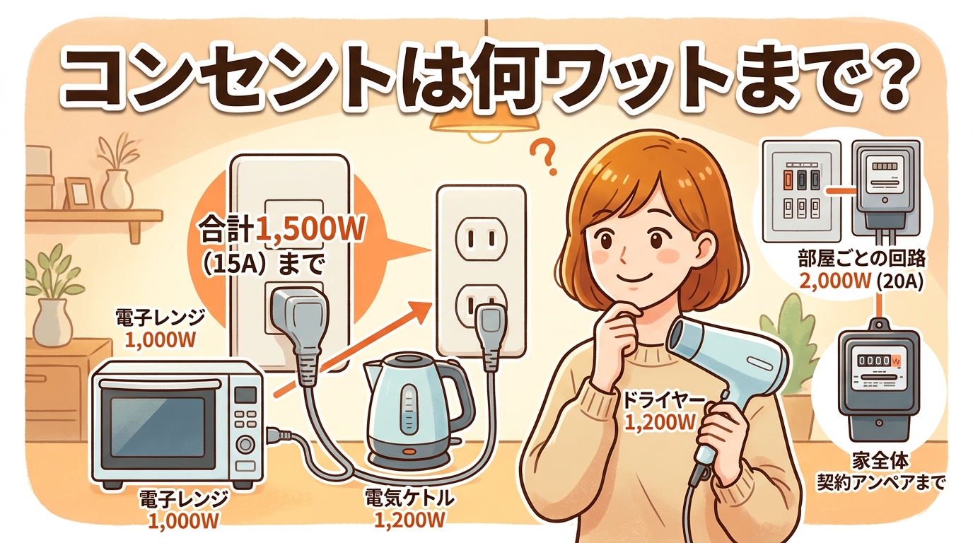 コンセントは何ワットまで？容量(15A・1,500W)の調べ方と合計ワット数の計算方法のアイキャッチ画像