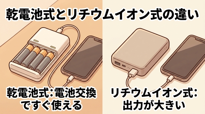 乾電池式モバイルバッテリーと一般的なリチウムイオン電池のモバイルバッテリーの出力・充電量・電池交換の違いを比較したイラスト