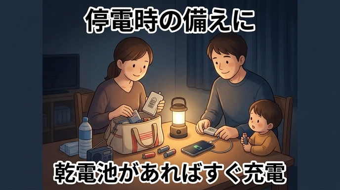 停電時に乾電池式モバイルバッテリーと予備の乾電池を非常持ち出し袋に入れて備えている様子のイラスト