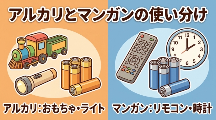 アルカリ乾電池とマンガン乾電池の違いと、それぞれに向いている機器(おもちゃ・ライトとリモコン・時計)を比較したイラスト
