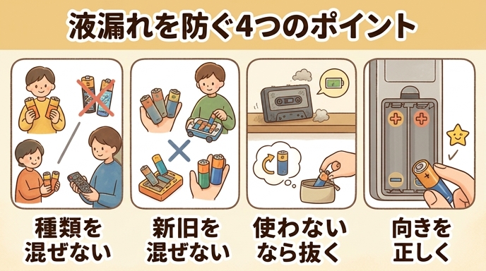 乾電池の液漏れを防ぐために、種類や新旧を混ぜない・使わない機器から抜く・向きを正しく入れることを示したイラスト