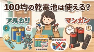 100均・ダイソーの乾電池は使える？アルカリとマンガンの選び方、使用推奨期限と収納ケースのアイキャッチ画像