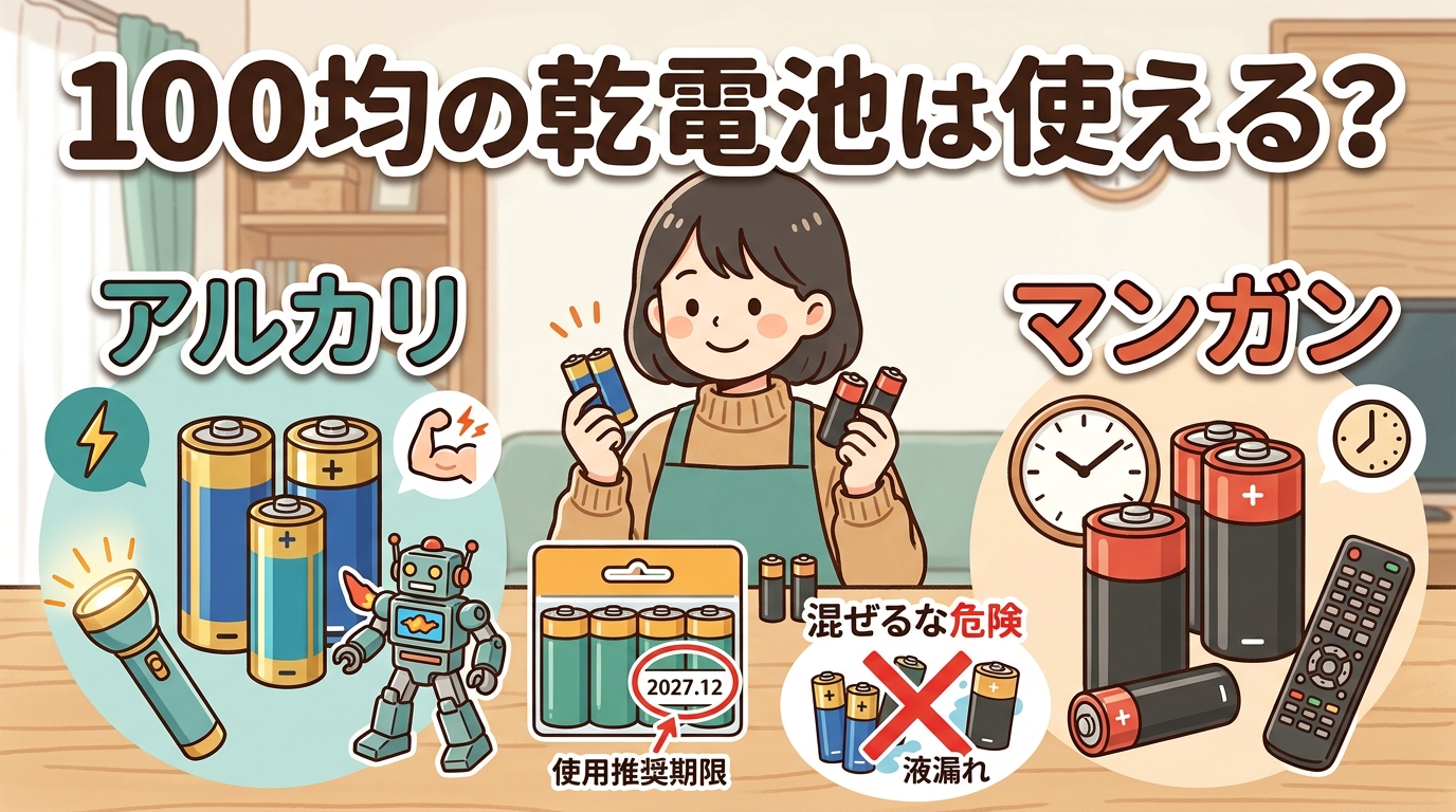 100均・ダイソーの乾電池は使える？アルカリとマンガンの選び方、使用推奨期限と収納ケースのアイキャッチ画像
