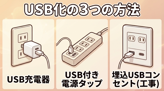 コンセントをUSBにする3つの方法(USB充電器・USBポート付き電源タップ・埋込型USBコンセント)を並べて比較したイラスト