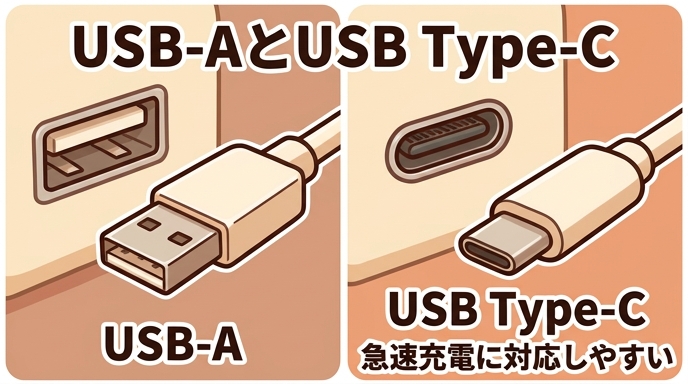 長方形のUSB-Aポートと楕円形のUSB Type-Cポートの形と特徴の違いを比較したイラスト