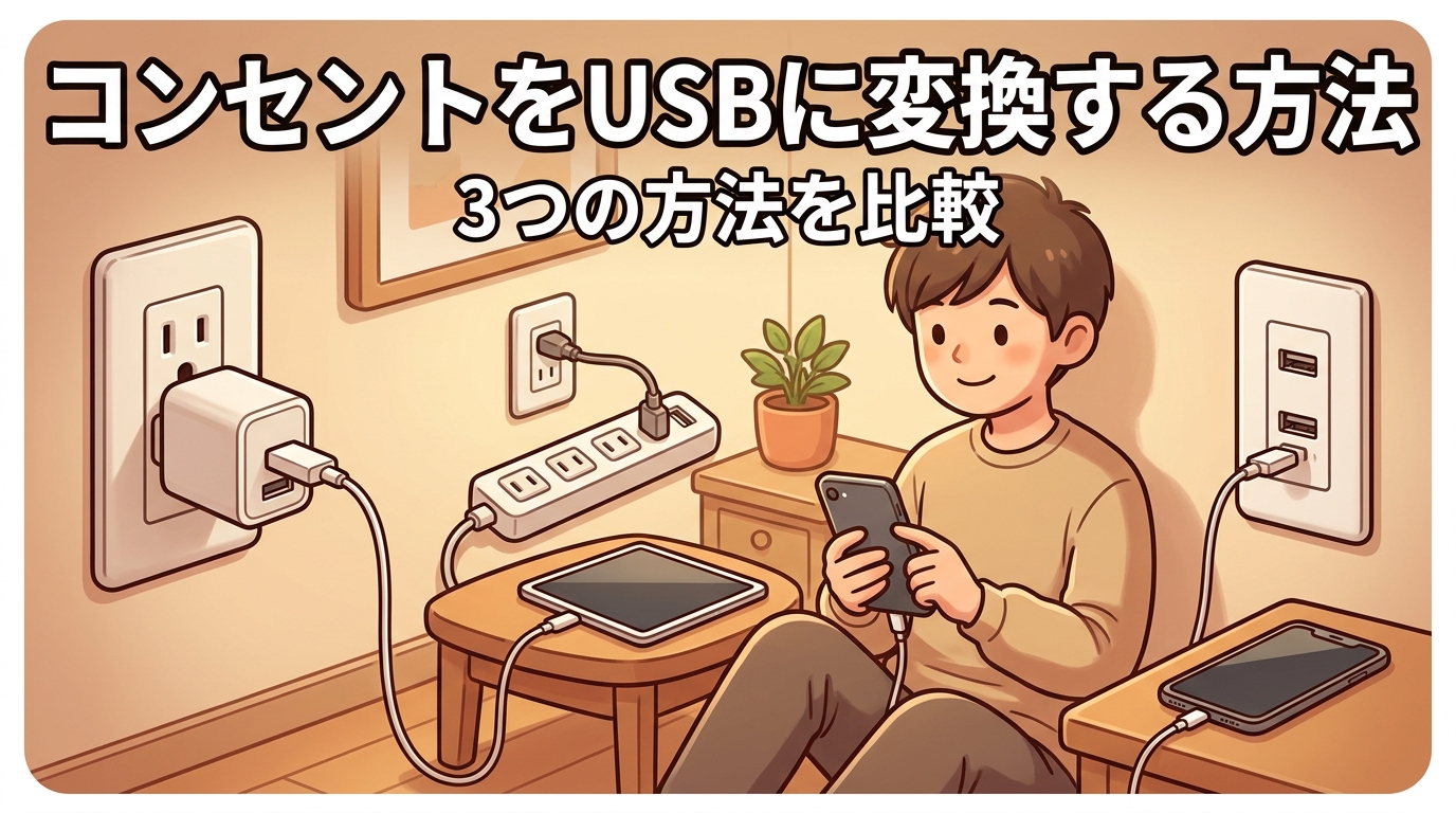 コンセントをUSBに変換する方法｜USB充電器・USB付き電源タップ・埋込USBコンセントの違いと選び方のアイキャッチ画像