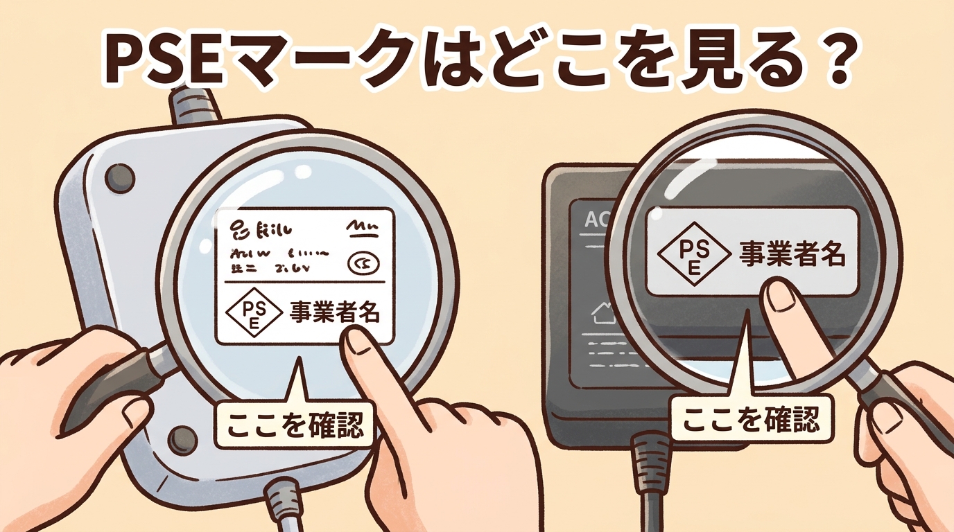電源タップ本体の銘板とACアダプターに刻印されたPSEマークと事業者名を指し示した確認方法の画像