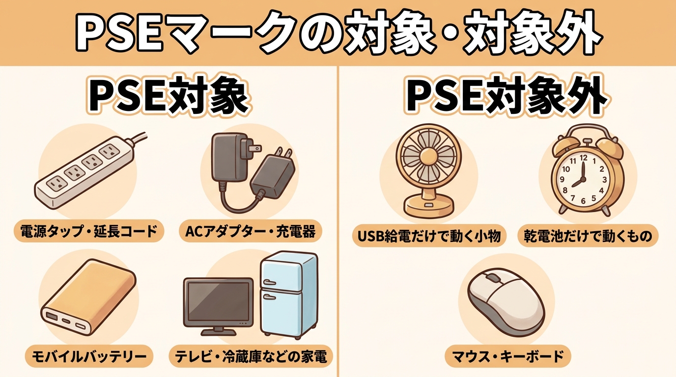 PSEマークの対象になる電気製品と対象外の製品を仕分けしたイメージの画像