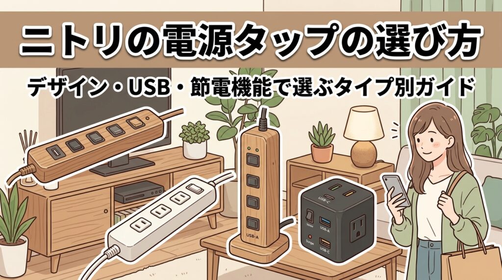 木目調やUSB付きなど、インテリアに馴染むデザインの電源タップをナチュラルな部屋に並べたイメージ