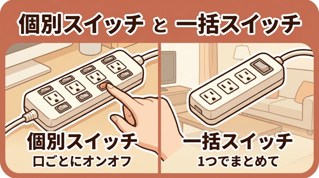 電源タップの個別スイッチと一括スイッチの違いを比較したアイキャッチ画像