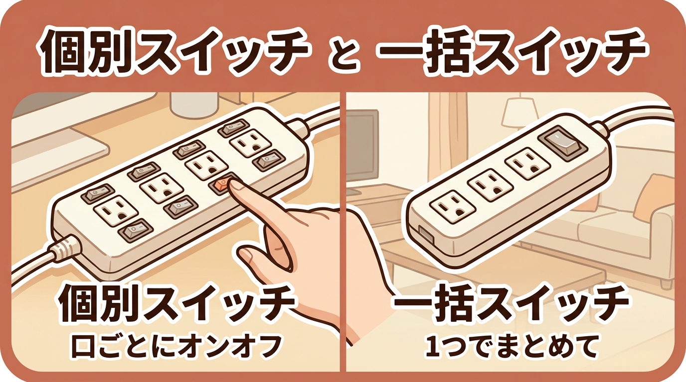 電源タップの個別スイッチと一括スイッチの違いを比較したアイキャッチ画像